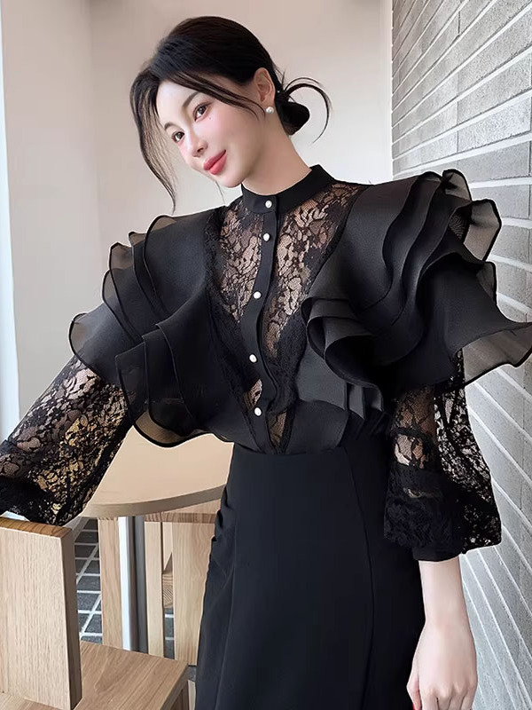 Summer Clothing Old Money - เสื้อเชิ้ตลูกไม้สไตล์เกาหลี แขนยาว ทรงหลวม แต่งกระดุม ลายดอกไม้ สำหรับผู้หญิง