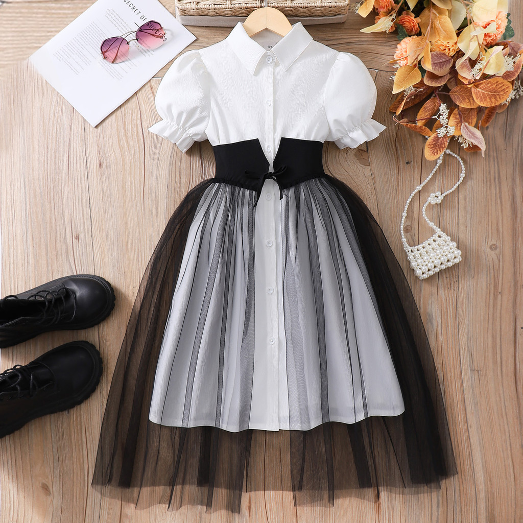 Summer Clothing Teen Girls - ชุดเดรสเด็กผู้หญิงอายุ 8-12 ปี สำหรับฤดูร้อน สีดำขาว แขนสั้น