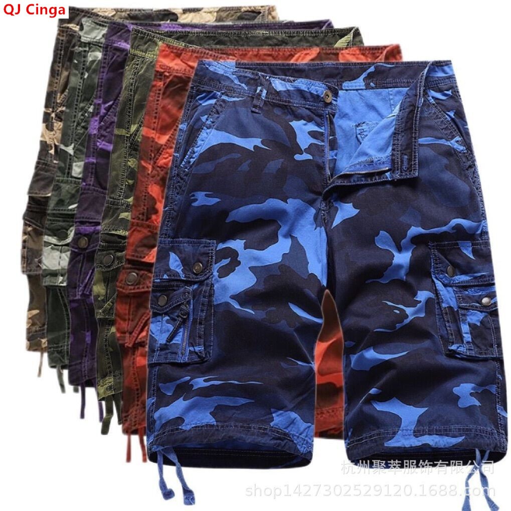 Summer Clothing Work - กางเกงขาสั้นทำงานลายพรางสีน้ำเงินสำหรับผู้ชาย กางเกงลำลองหลายกระเป๋าสำหรับฤดูใบไม้ผลิและฤดูร้อน ไซส์เอเชีย 29–48