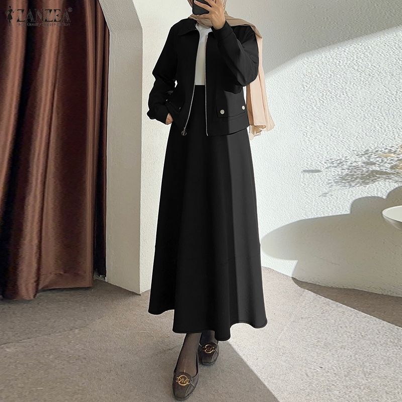 Summer Clothing Hijab - แฟชั่นสุภาพสตรี ชุดกระโปรง เสื้อแจ็คเก็ตแขนยาวและกระโปรงแม็กซี่ทรงเอ 2 ชิ้น ชุดเซ็ต