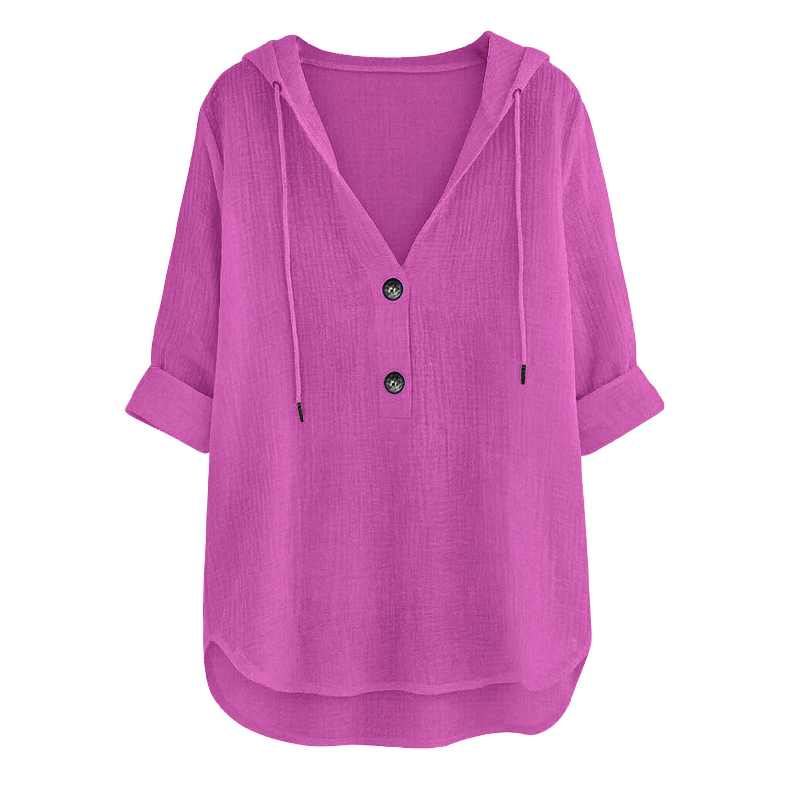 Summer Clothing Old Money - เสื้อผู้หญิงมีฮู้ด คอวี กระดุมครึ่งตัว แขน 3/4 ผ้าลินินผสมฝ้าย