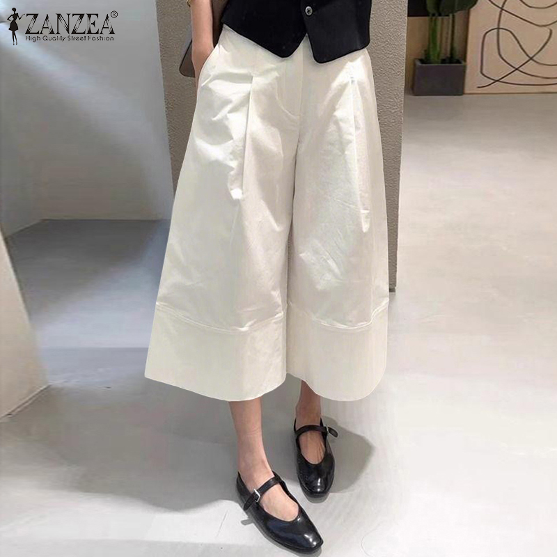 Summer Clothing Work - ZANZEA PLUS ไซส์ 5XL กางเกงคาปรีขากว้างสำหรับผู้หญิงเอวยางยืดหลวมกางเกงขายาวลำลองสำหรับเดินทางทำงานผู้หญิงกางเกง