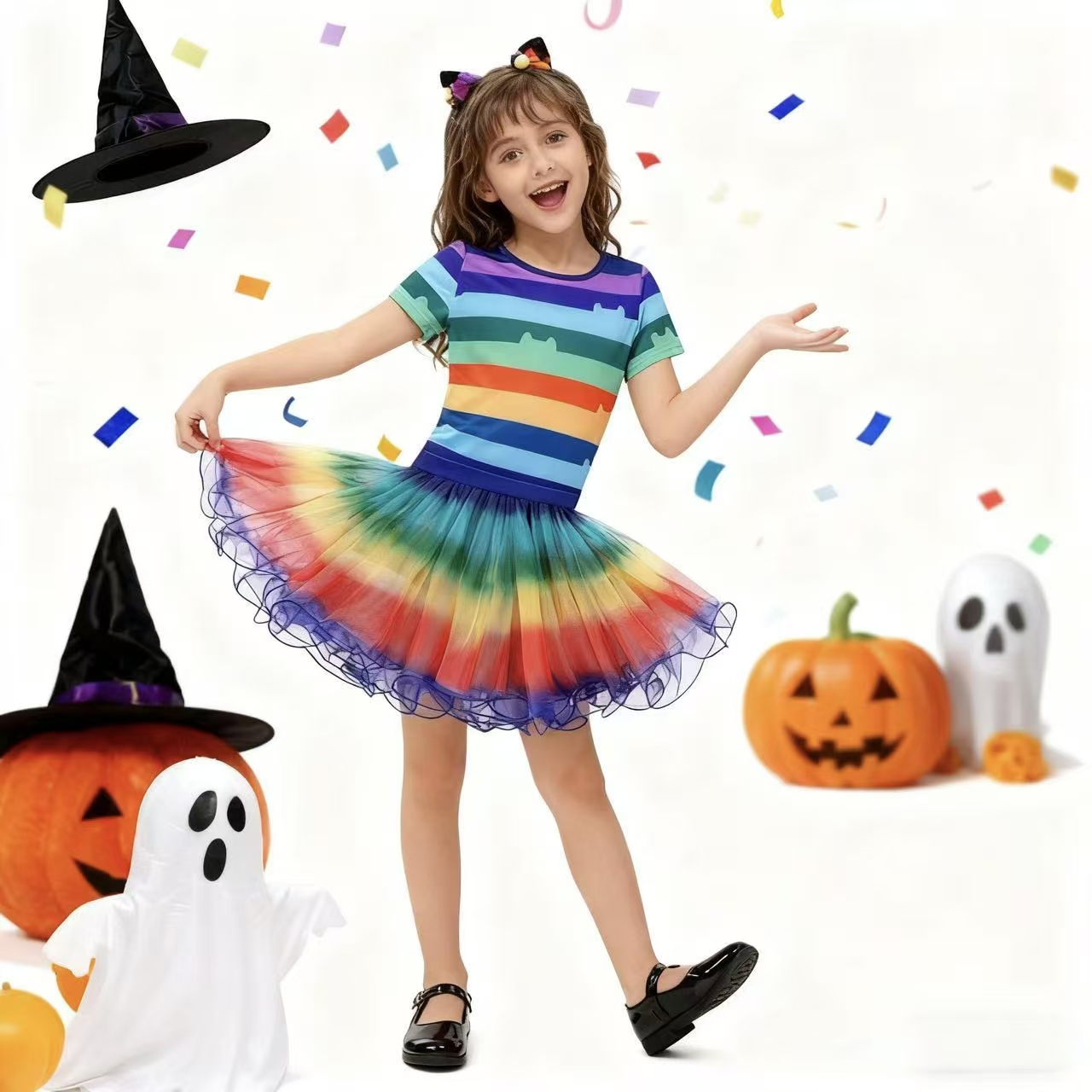 Summer Dresses Yours Clothing - เสื้อยืดลายสายรุ้งสำหรับเด็กผู้หญิง กระโปรงตูตู พร้อมที่คาดผมหูแมว ชุดคอสเพลย์งานฮาโลวีน งานคาร์นิวัล ชุดวันเกิดสำหรับเด็ก