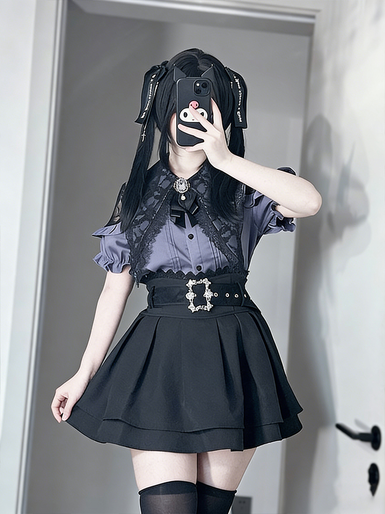 Summer Clothing Old Money - เสื้อเปิดไหล่สไตล์โกธิคและกระโปรงเอวสูง ชุดสองชิ้นสำหรับผู้หญิง สไตล์นักศึกษาฤดูร้อน ขนาดกะทัดรัด