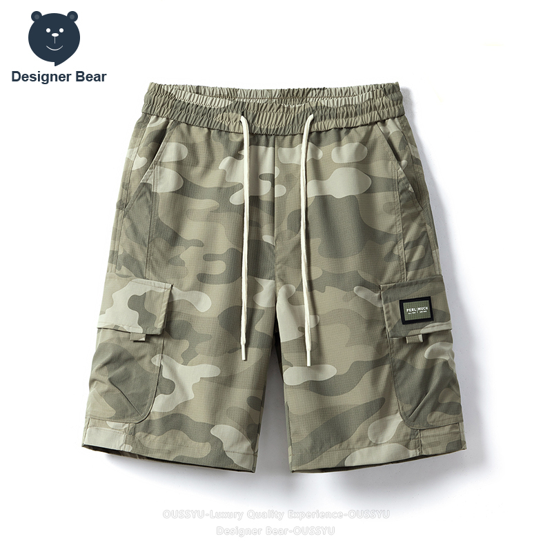Summer Clothing Work - กางเกงขาสั้นคาร์โก้ลายพรางสำหรับผู้ชาย แบรนด์ดัง ใส่ได้หลายโอกาส มีกระเป๋าหลายช่อง เชือกผูกเอว สไตล์ลำลอง