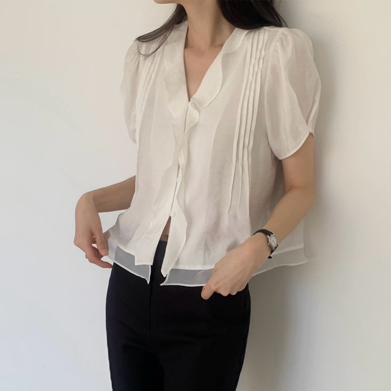 Summer Clothing Old Money - เสื้อเบลาส์สไตล์เกาหลี แขนสั้น กระดุมเดี่ยว ดีไซน์สองชิ้นหลอก แต่งลูกไม้ ทรงเข้ารูป