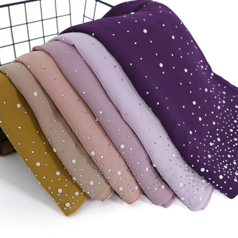 Summer Clothing Hijab - ใหม่ธรรมดาเพชรลูกปัดฟองชีฟอง Instant Hijab Shawls หนาหัว Wraps