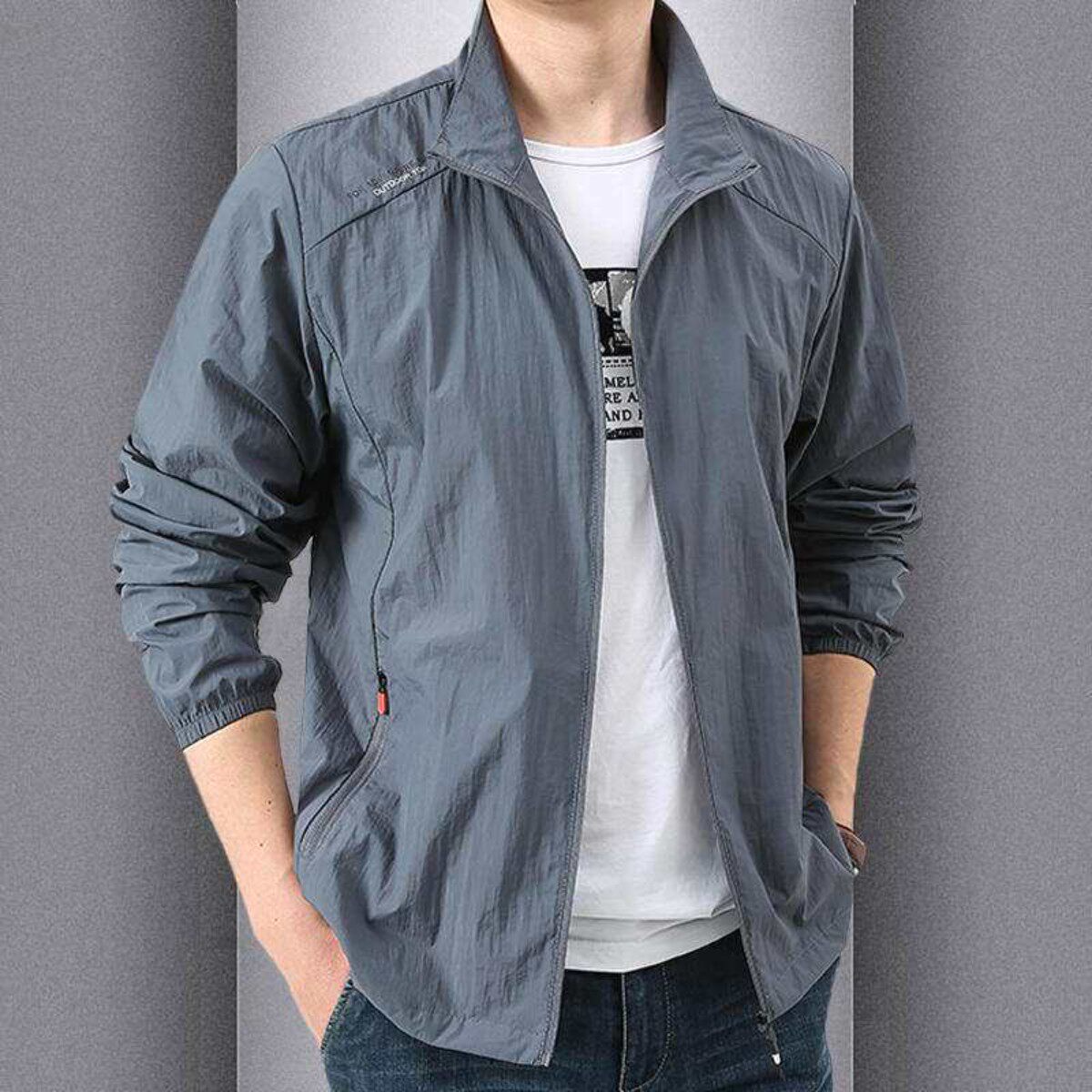 Summer Clothing Wear - เสื้อผ้าป้องกันแสงแดดแฟชั่นฤดูร้อนสำหรับผู้ชาย ผ้าไหมน้ำแข็งบางเฉียบ ระบายอากาศได้ดี คอตั้ง ไม่มีฮู้ด ผลิตจากเส้นใยโพลีเอสเตอร์