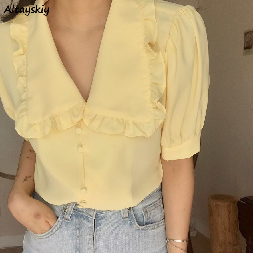 Summer Clothing Teens - ผู้หญิงเสื้อ Ruffles ของแข็งเสื้อแขนสั้นสั้นหวาน Peter Pan Collar