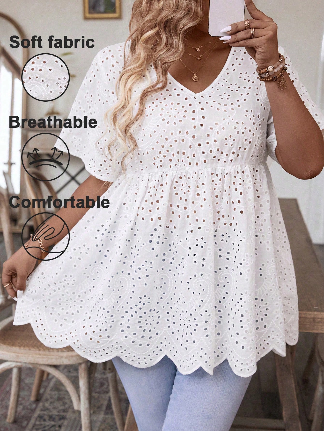 Summer Clothing Wear - เสื้อเปปลัมคอวีปักลายตาไก่สีขาวสำหรับผู้หญิงไซส์ใหญ่ เสื้อทรงหลวมระบายอากาศได้ดี สวมใส่สบายๆ สำหรับสาวอวบ ใส่ได้ทุกวันในช่วงฤดูร้อน