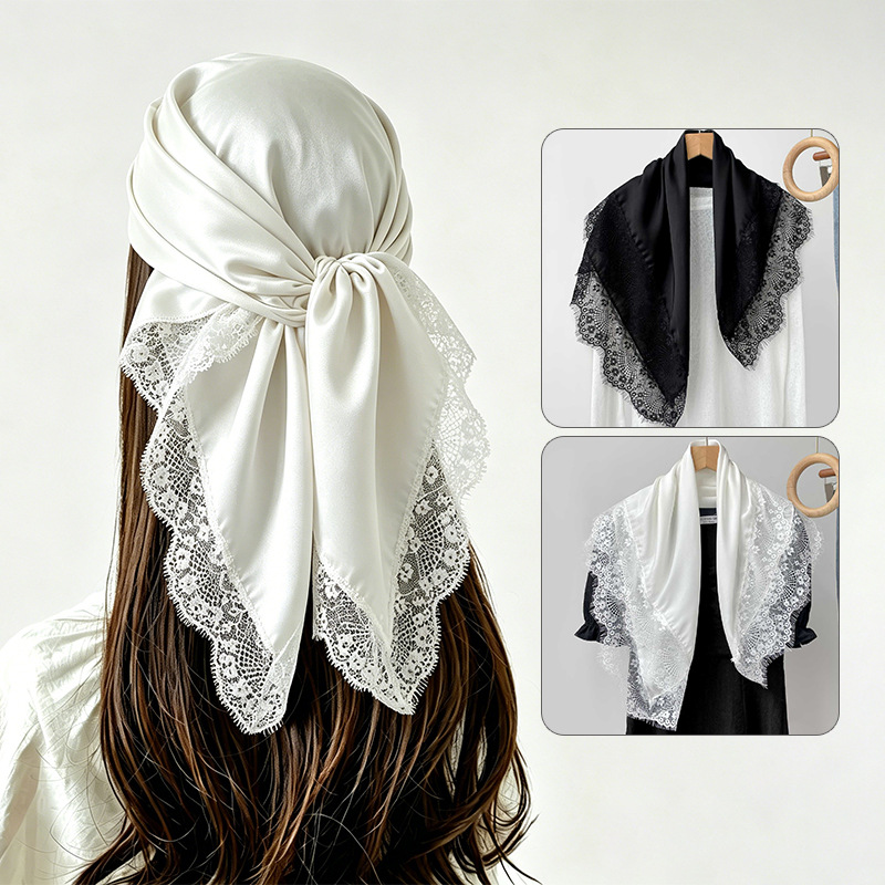 Summer Clothing Hijab - ผ้าพันคอสี่เหลี่ยมขนาด 70x70 ซม. สำหรับผู้หญิง ผ้าคลุมศีรษะแบบผูกโบว์ แต่งขอบลูกไม้