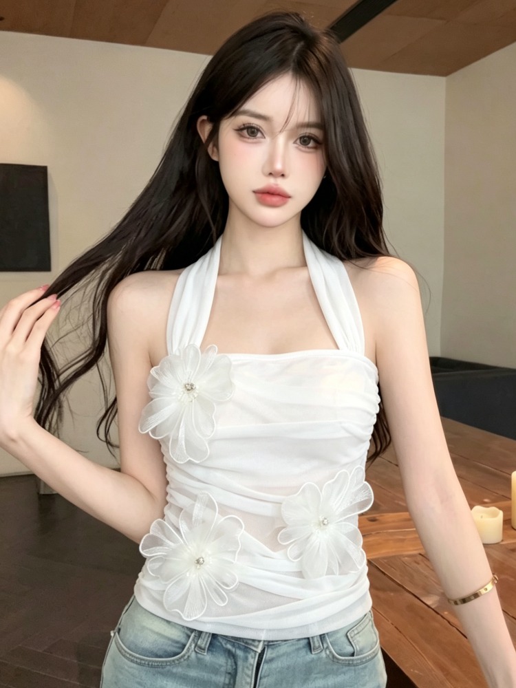 Summer Clothing Work - เสื้อกั๊กคอวีดีไซน์กลีบดอกไม้ 3 มิติ สไตล์เกาหลี งานหนัก ตกแต่งอย่างประณีต