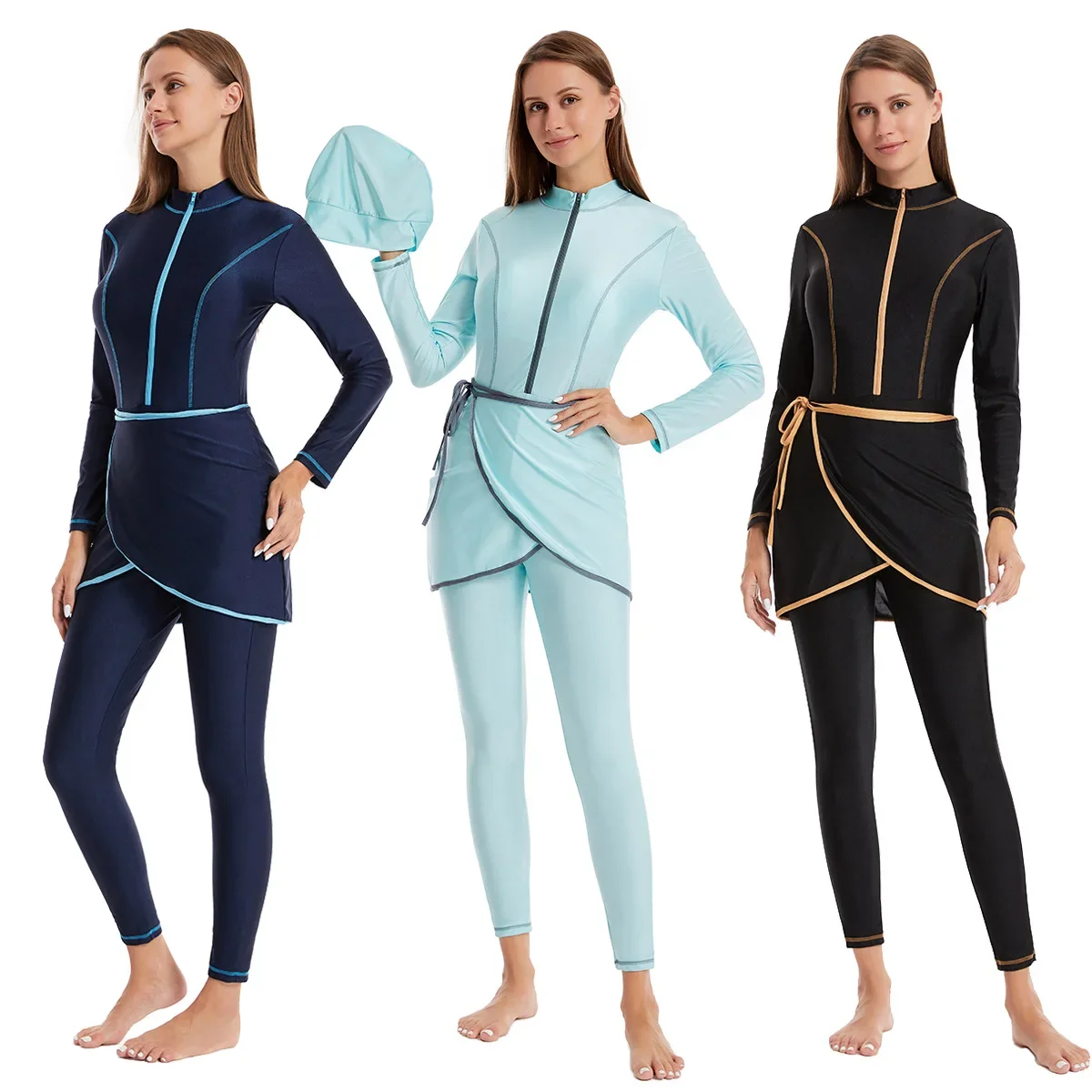 Summer Clothing Hijab - ชุดว่ายน้ำมุสลิมแบบเรียบง่าย 3 ชิ้น/ชุด สำหรับผู้หญิง บุรกินี แขนยาว