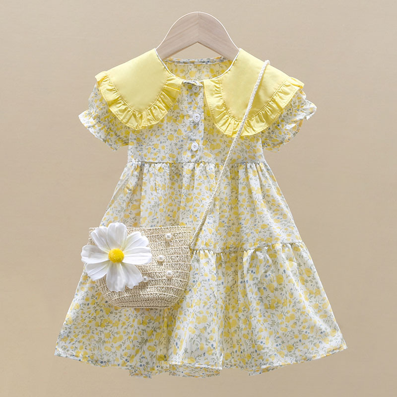 Summer Clothing Teen Girls - 2PCS ฤดูร้อนดอกไม้สีเหลืองเด็กเล็กเสื้อผ้า Casual Midi + กระเป๋าเด็กชุดวัยรุ่นเจ้าหญิง