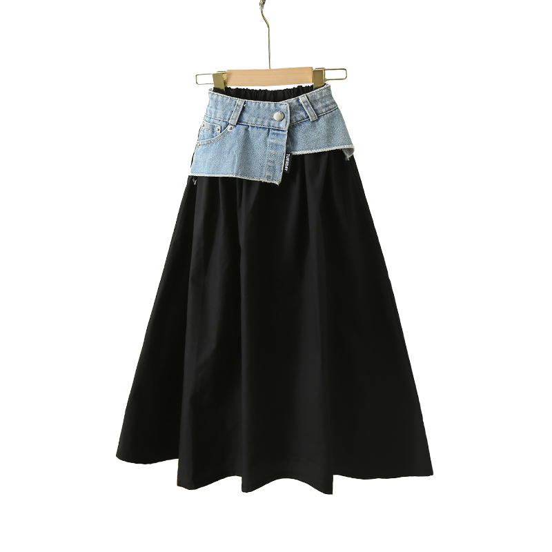 Summer Clothing Teen Girls - เด็กเกาหลียาว Patchwork DENIM กระโปรงสําหรับวัยรุ่นหญิงฤดูร้อน Streetwear เสื้อผ้าเด็กเอวสูงกระโปรงสีดํา