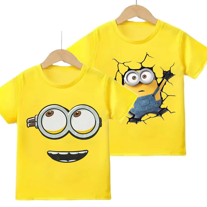 Summer Clothing Teens - เสื้อยืดแขนสั้นลายการ์ตูนมินเนียนสำหรับเด็กชายและเด็กหญิง เสื้อยืดผ้าฝ้ายลายพิมพ์น่ารัก สีเหลือง คอกลม เสื้อท็อปสำหรับฤดูร้อน เสื้อผ้าลำลองสำหรับวัยรุ่น