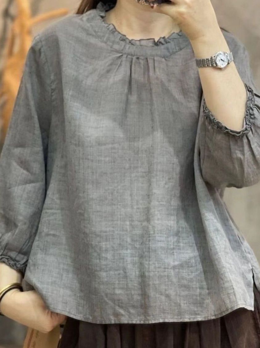 เสื้อเชิ้ตผ้าฝ้ายลินินแขนเก้าส - Summer Clothing Old Money บทวิจารณ์และราคา